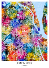 Fototapeta premium Phnom Penh Cambodia City Map. background downtown urban modern colorful bright graphic design, abstract travel art, new business district, Watercolor paint creative artwork