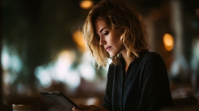 Businesswoman using tablet in a coffee shop with a professional work vibe