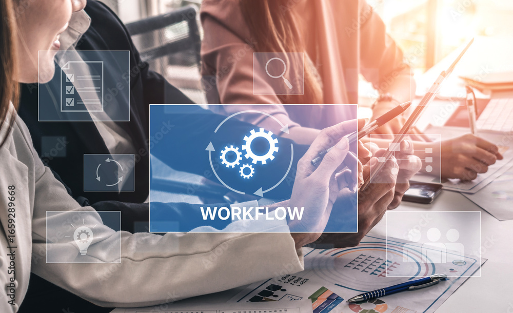 Poster workflow optimization concept featuring interconnected gears, task management, collaboration, proces