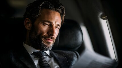 Fototapeta premium Businessman reviewing documents on a plane