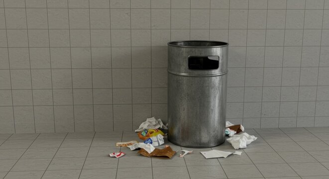 Metal trashcan overflows onto a tiled floor against tiled wall, creating an unkempt, drab scene
