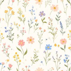 Elegant Botanical Pattern with Pink, Blue, and Yellow Flowers