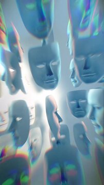 Lots of spinning white theatre masks with dramatic light and shadow.