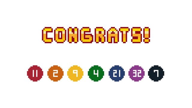 8-bit pixel art lottery balls loop animation with seven numbered balls appearing in sequence including congrats text retro arcade lucky draw video