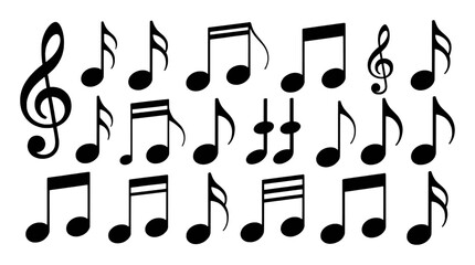 Collection of Black Musical Notes and Symbols on White Background