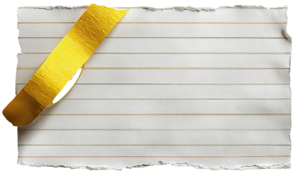 A torn sheet of lined notebook paper with a gold-colored tape