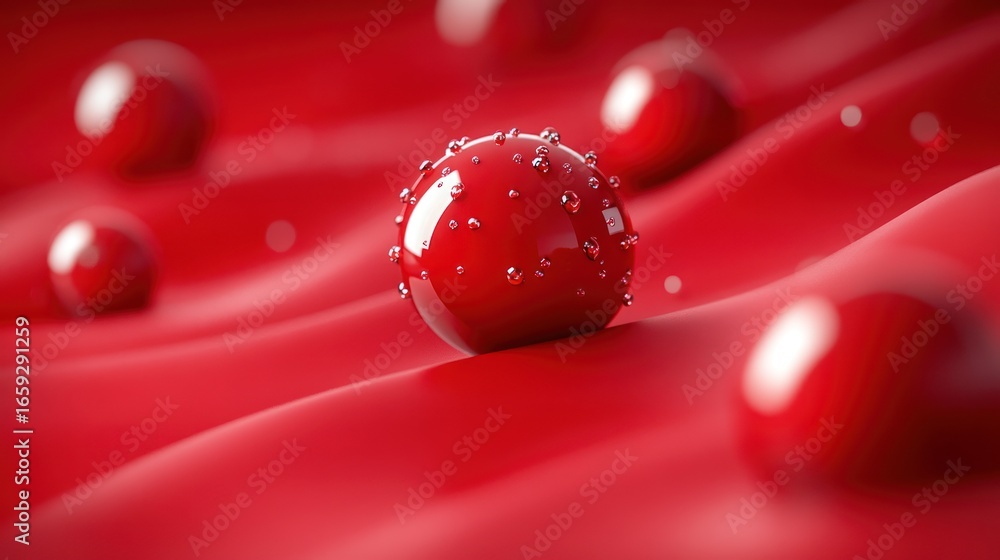Poster abstract spheres on red surface; digital art; 3d rendering; use for backgrounds, textures