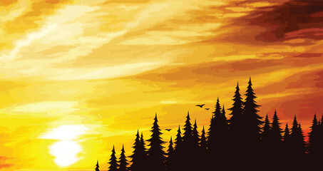 Forest landscape with sunset and birds.  © designer_an