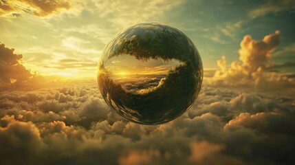 Abstract orb in the clouds with a sunset reflected in it.