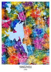 Obraz premium Yangzhou China City Map. background downtown urban modern colorful bright graphic design, abstract travel art, new business district, Watercolor paint creative artwork