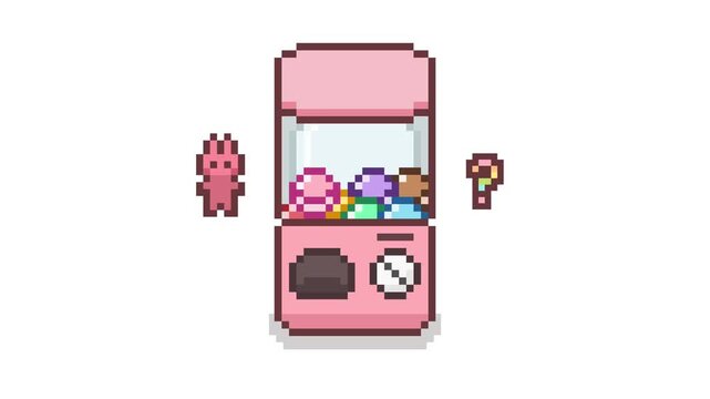 8-bit pixel art random animal capsule loop animation with left side changing animal characters and right side question mark symbol retro arcade video