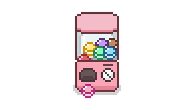 8-bit pixel art pink gacha machine loop animation releasing multiple colorful capsules as surprise toys arcade retro video