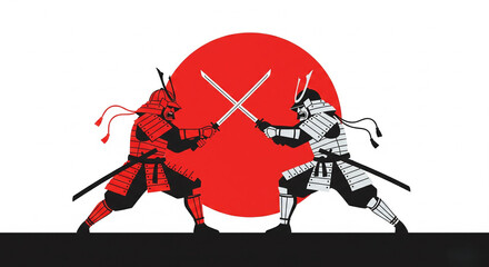 Samurai Duel with Crossed Katanas and Red Sun