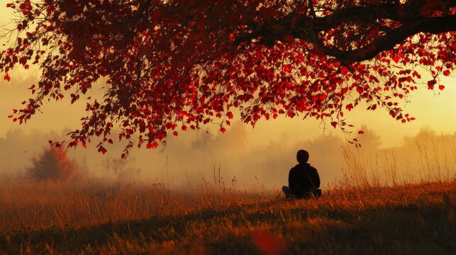 Silhouette of a man meditating under a tree in a foggy field during autumn