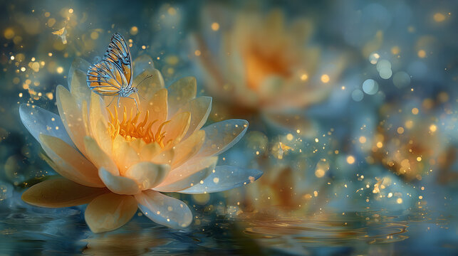 Close up view of water lily orange color and the butterfly with clear water and golden dots 