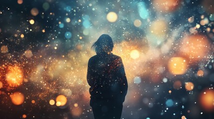 Silhouette of a woman with lights and bokeh background.