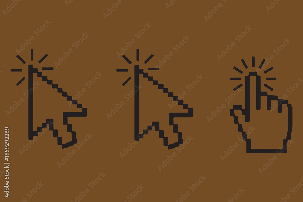 Poster three pixelated cursors including an arrow and a hand pointer on a brown background