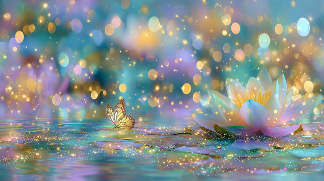 Fantasy fairytale picture of beautiful and colorful water lily or lotus on the clear water with the butterfly and and bright light golden dots