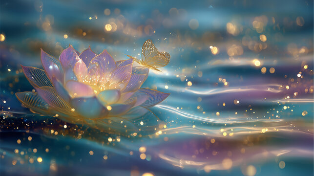Fantasy fairytale picture of beautiful and colorful water lily or lotus on the clear water with the butterfly and and bright light golden dots