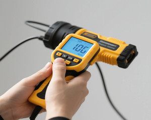 Hand holding yellow digital thermometer displaying 100 degrees image