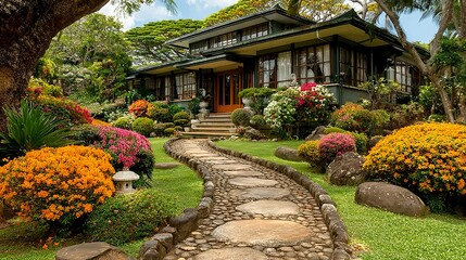 Obraz premium Modern stylish home with large windows, surrounded by a lush flower garden and trimmed hedges on a sunny day 
