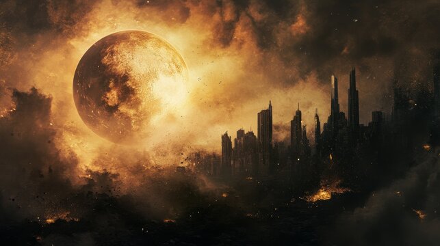A dark apocalyptic cityscape with a glowing orb in the sky. - Powered by Adobe