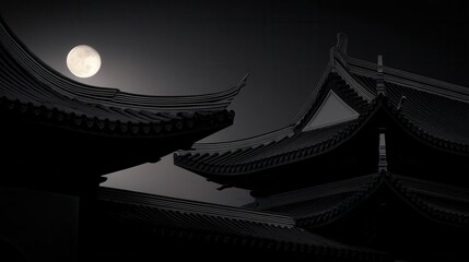 Silhouettes of traditional East Asian architectural rooftops with curved eaves against a dark night sky featuring a full moon, in monochrome tones.