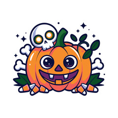 Cute Halloween Pumpkin with Skull and Candy Corn Cartoon Illustration