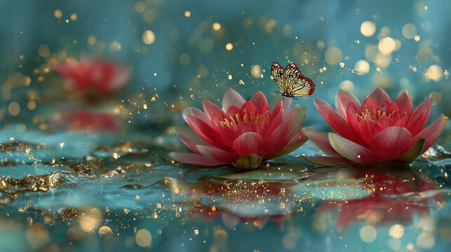 Red water lily flower and the butterfly in beautiful pond with bright golden light