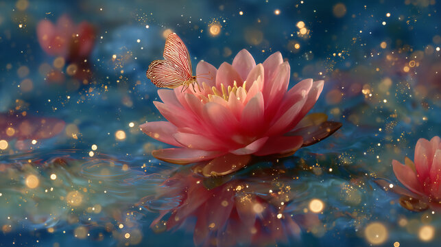 Red water lily flower and the butterfly in beautiful pond with bright golden light