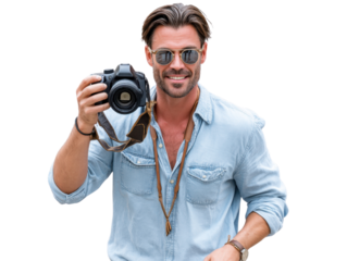 Photographer with Camera: A handsome individual, confidently wielding a camera, encapsulates the art of photography in a stunning portrait, exuding creativity and professional expertise.