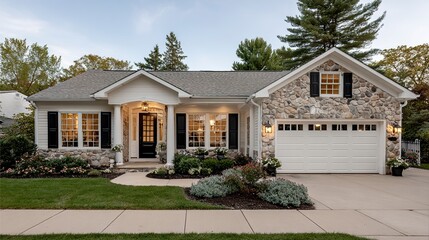 Modern suburban home exterior with stone accents, landscaped front yard, and spacious two-car garage under clear blue skies  