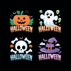 Halloween Pumpkin, Ghost, Skull and Witch Hat Cartoon Vector Illustration