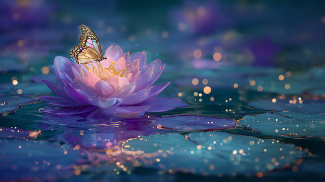 Beautiful close up view of violet water lily flower with the butterfly on the flower , blur and bright light golden dots background