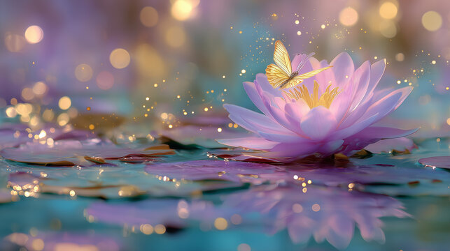 Beautiful close up view of violet water lily flower with the butterfly on the flower , blur and bright light golden dots background