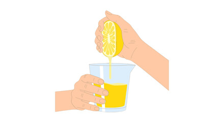 Hands Squeezing a Ripe Yellow Lemon into Glass Cup of Juice on White Background