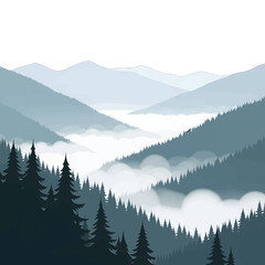 Fototapeta premium Serene Mountain Landscape with Evergreen Forest in a Misty Valley Panoramic View With Blue Hue