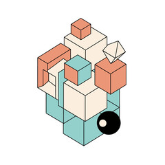 Fototapeta premium Abstract Geometric Composition of Cubes and Sphere in Pastel Colors on White Background Modern Minimalist Design