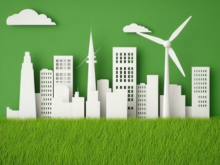 Modern city skyline with skyscrapers green energy wind turbine eco-friendly architecture urban landscape environmental sustainability and innovative development