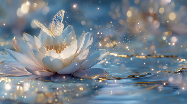 Beautiful white water lily flower and the butterfly in beautiful pond with clear water , effect with golden dots