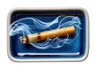 Cigarette in ashtray: The image captures a burning cigarette resting in a ceramic ashtray, swirling with smoke. It's a stark reminder of the detrimental effects of smoking. 