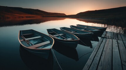 Calm lake at dawn, rowboats moored