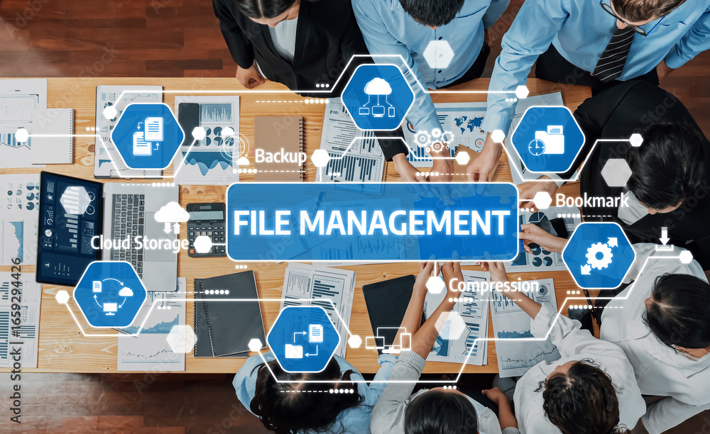 Poster this image illustrates modern file management practices within a collaborative business setting, sho
