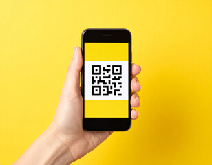 Smartphone with QR code displayed on screen, digital payment and scan technology