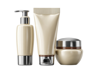 Creamy Trio: A sophisticated ensemble of sleek, metallic-accented cosmetic containers, suggesting an opulent skincare ritual. Each container embodies understated elegance with a promise of beauty. 