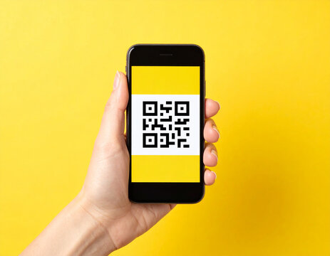 Smartphone with QR code displayed on screen, digital payment and scan technology