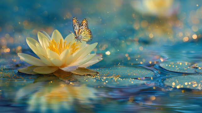 Look a like dreamy and fairytale, the beautiful yellow water lily flower with the butterfly in the beautiful pond with clear water and sparkling golden dots