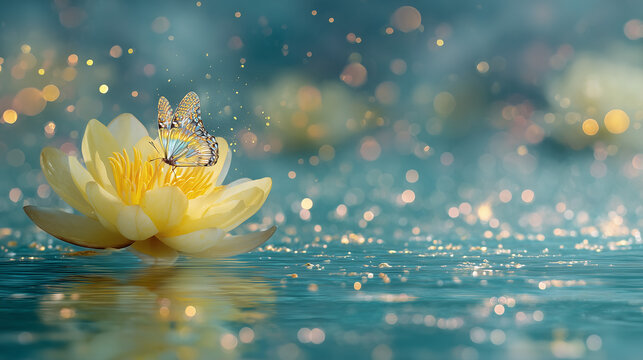 Look a like dreamy and fairytale, the beautiful yellow water lily flower with the butterfly in the beautiful pond with clear water and sparkling golden dots