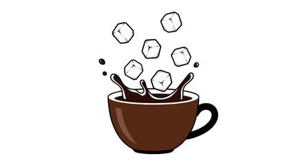 Pixelated Brown Coffee Mug with Splashing Liquid and Falling Sugar Cubes on a White Background