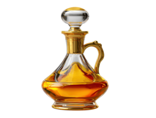 Elegant Glass Decanter: A classic, decorative glass decanter, filled with a rich, amber liquid, is presented on a clean and well-lit backdrop, emphasizing its sleek design.